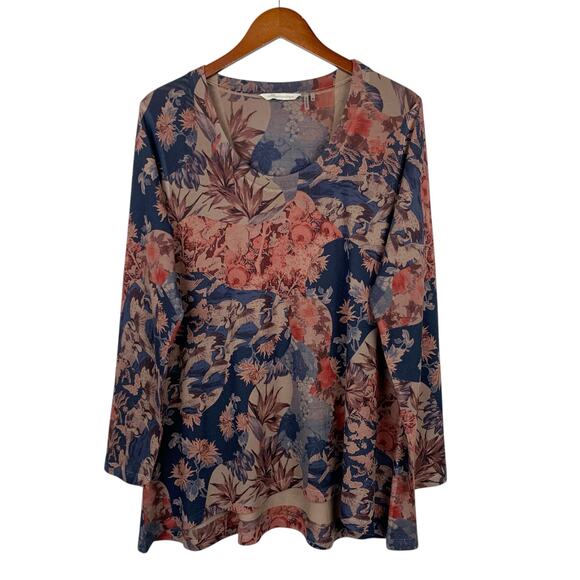 Soft Surroundings Tops - Soft Surroundings Millie Tunic Top Blue Tan Floral Knit Long Sleeve Women's XL